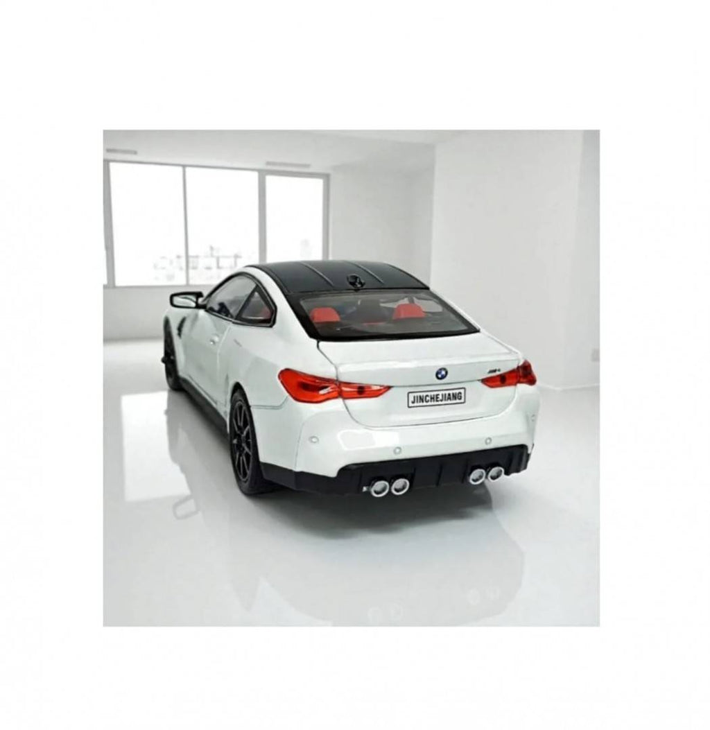 Masinuta metalica mecanica, BMW M4, 1:24, lumini, sunete, usi mobile, capota mobila, portbagajul mobil, alb, 20 cm