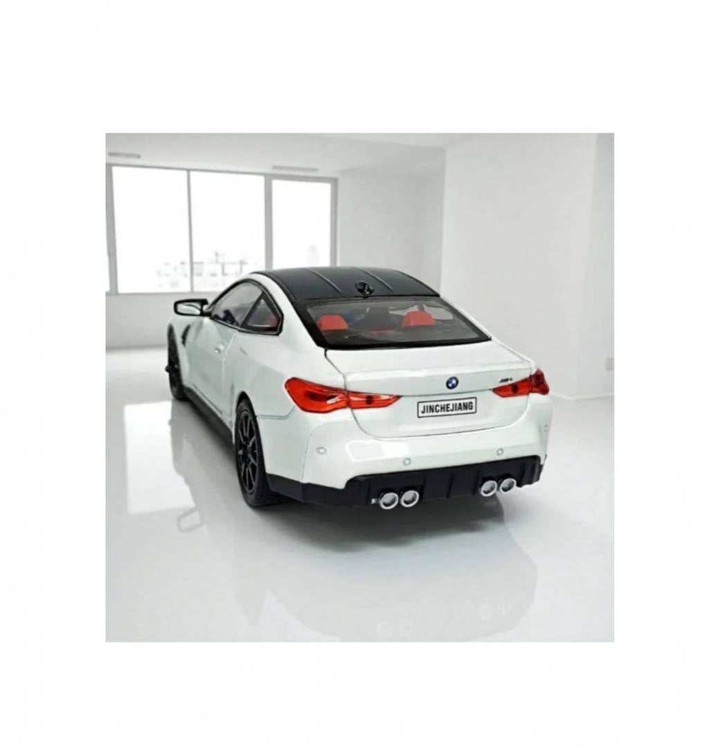 Masinuta metalica mecanica, BMW M4, 1:24, lumini, sunete, usi mobile, capota mobila, portbagajul mobil, alb, 20 cm