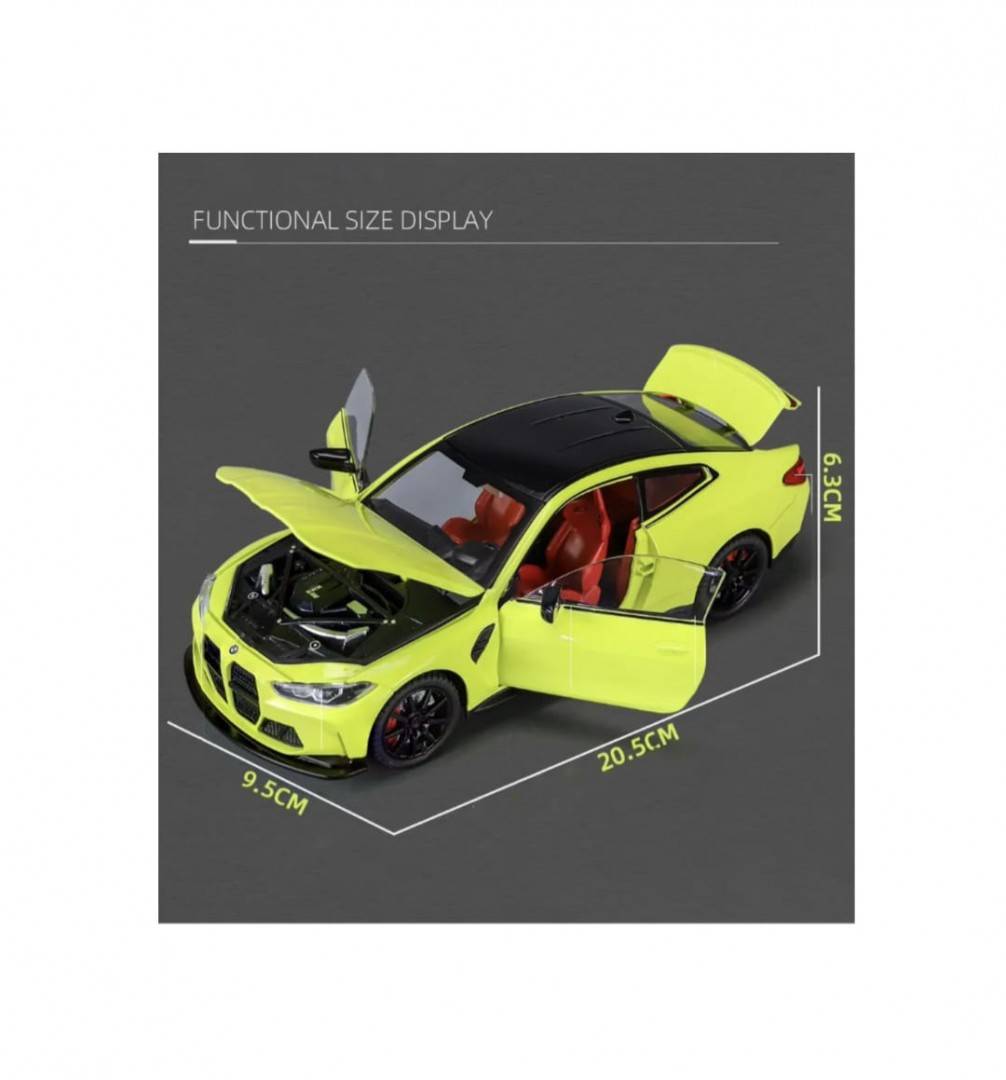 Masinuta metalica mecanica, BMW M4, 1:24, lumini, sunete, usi mobile, capota mobila, portbagajul mobil, vernil, 20 cm