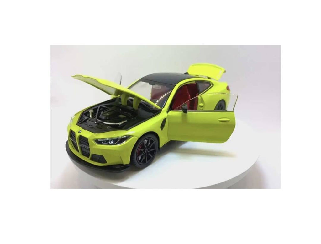 Masinuta metalica mecanica, BMW M4, 1:24, lumini, sunete, usi mobile, capota mobila, portbagajul mobil, vernil, 20 cm