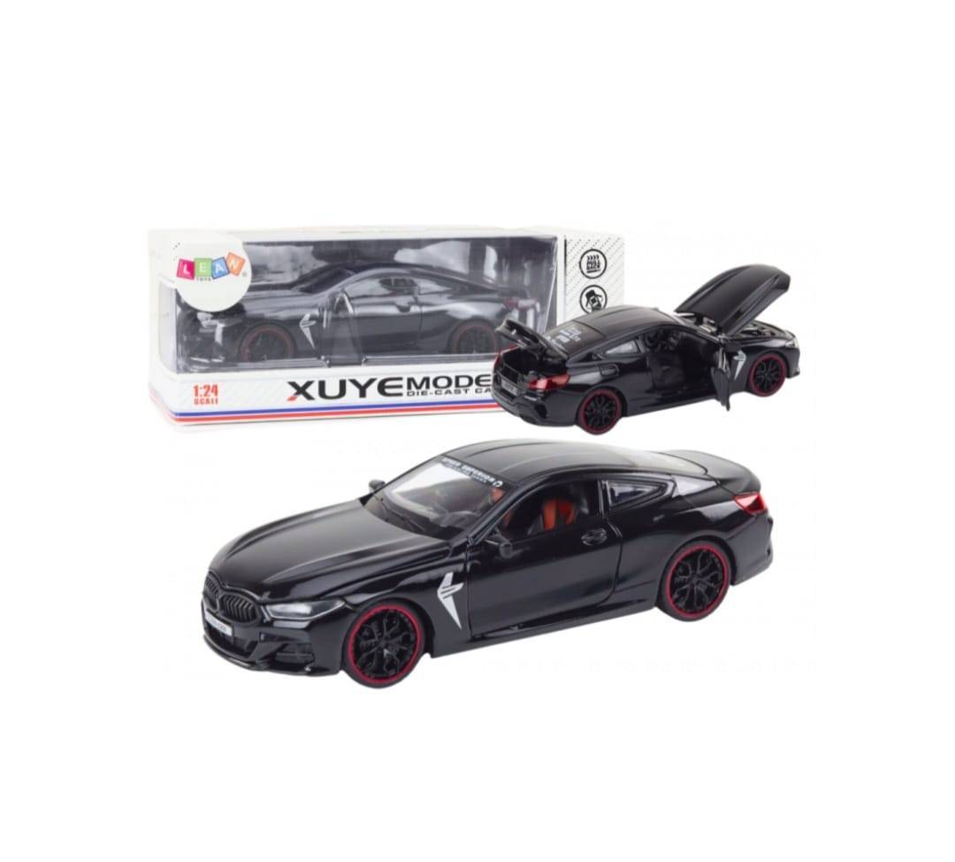Masinuta metalica mecanica, BMW M8, scara 1:24, sunete, usi mobile, capota mobila, portbagaj mobil, negru, 22 cm