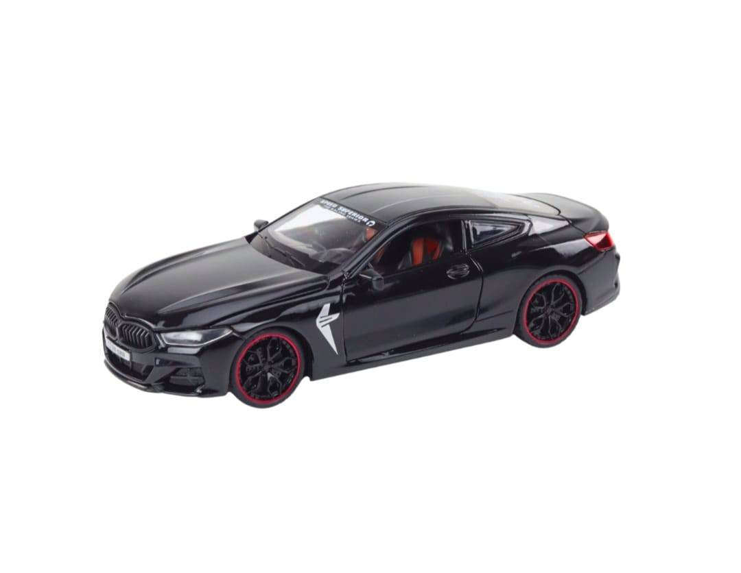 Masinuta metalica mecanica, BMW M8, scara 1:24, sunete, usi mobile, capota mobila, portbagaj mobil, negru, 22 cm