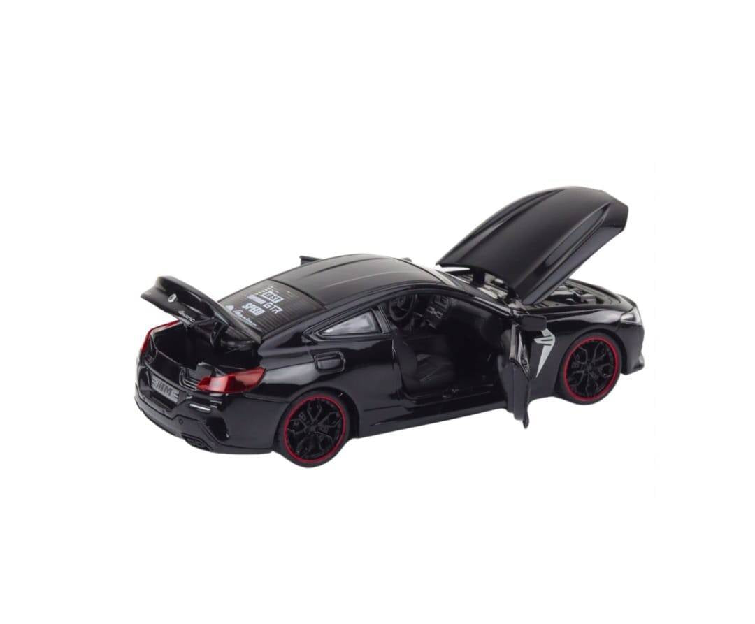 Masinuta metalica mecanica, BMW M8, scara 1:24, sunete, usi mobile, capota mobila, portbagaj mobil, negru, 22 cm