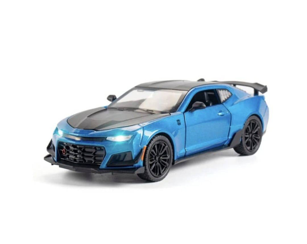 Masinuta metalica mecanica, CHEVROLET CAMARO, 2 usi mobile, capota mobila, portbagajul mobil, albastru, 20 cm