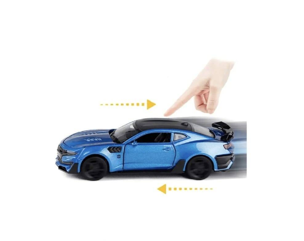Masinuta metalica mecanica, CHEVROLET CAMARO, 2 usi mobile, capota mobila, portbagajul mobil, albastru, 20 cm