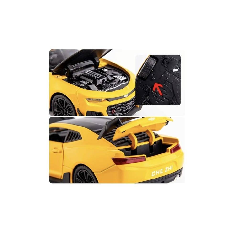Masinuta metalica mecanica, CHEVROLET CAMARO, 2 usi mobile, capota mobila, portbagajul mobil, galben, 20 cm