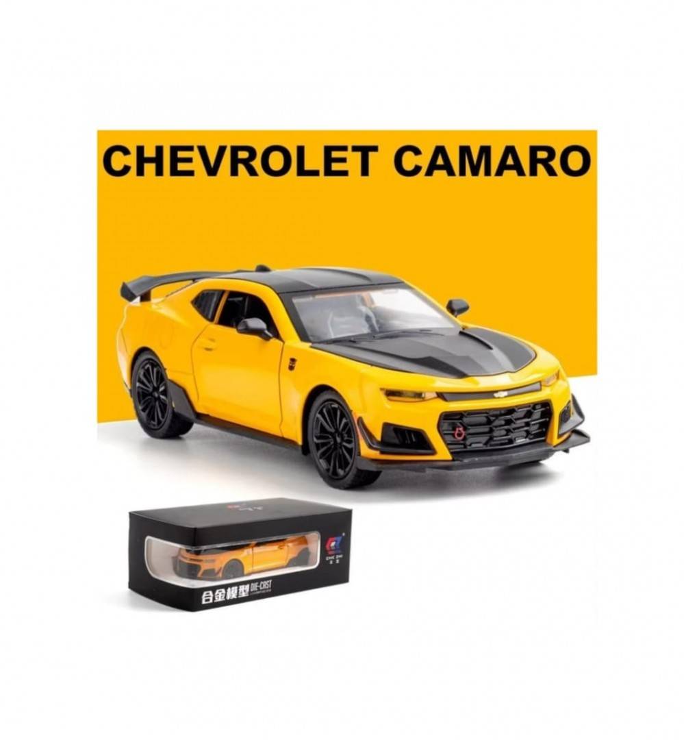 Masinuta metalica mecanica, CHEVROLET CAMARO, 2 usi mobile, capota mobila, portbagajul mobil, galben, 20 cm