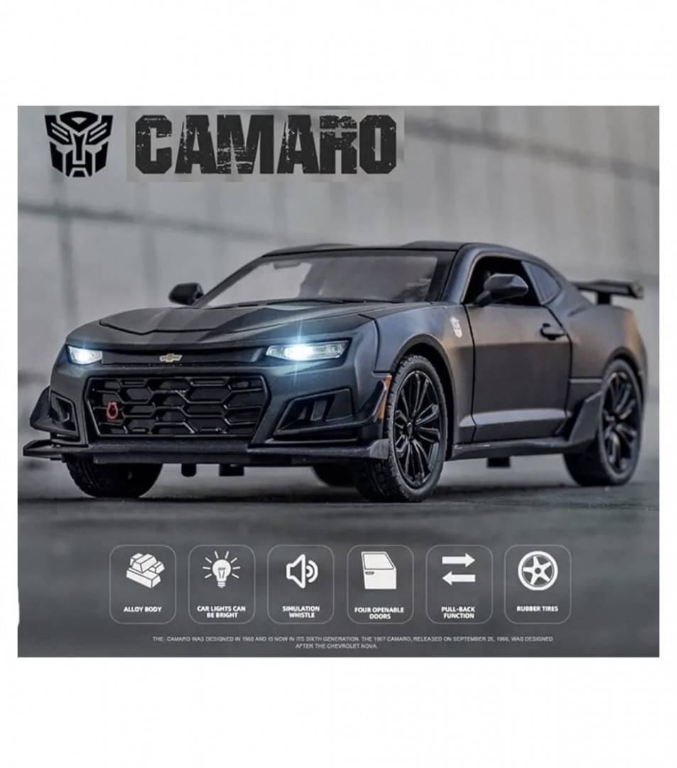 Masinuta metalica mecanica, CHEVROLET CAMARO, 2 usi mobile, capota mobila, portbagajul mobil, negru, 20 cm