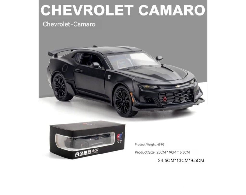 Masinuta metalica mecanica, CHEVROLET CAMARO, 2 usi mobile, capota mobila, portbagajul mobil, negru, 20 cm