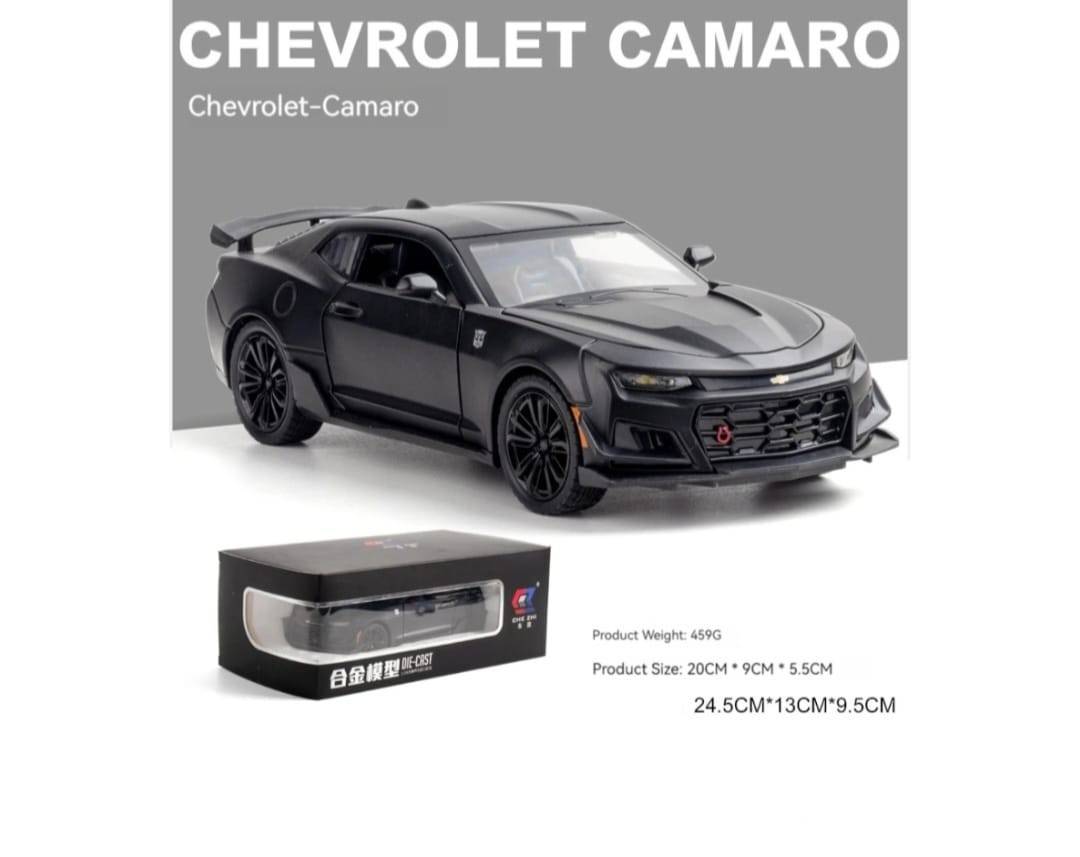 Masinuta metalica mecanica, CHEVROLET CAMARO, 2 usi mobile, capota mobila, portbagajul mobil, negru, 20 cm