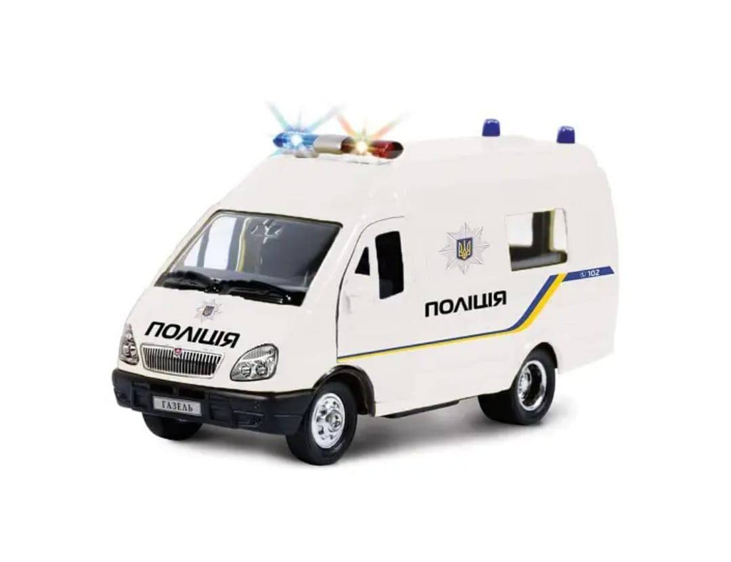 Masinuta metalica mecanica, Gazeli Politie, usi mobile, portbagaj mobil, alb, 12 cm