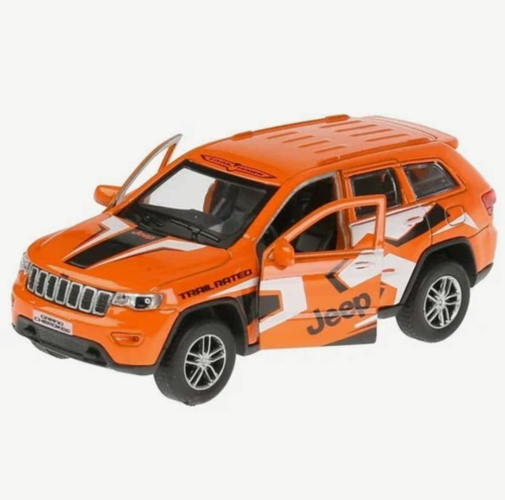 Masinuta metalica mecanica, Jeep Grand Cherokee Trailhawk, usi mobile, portbagaj mobil, portocaliu, 12 cm