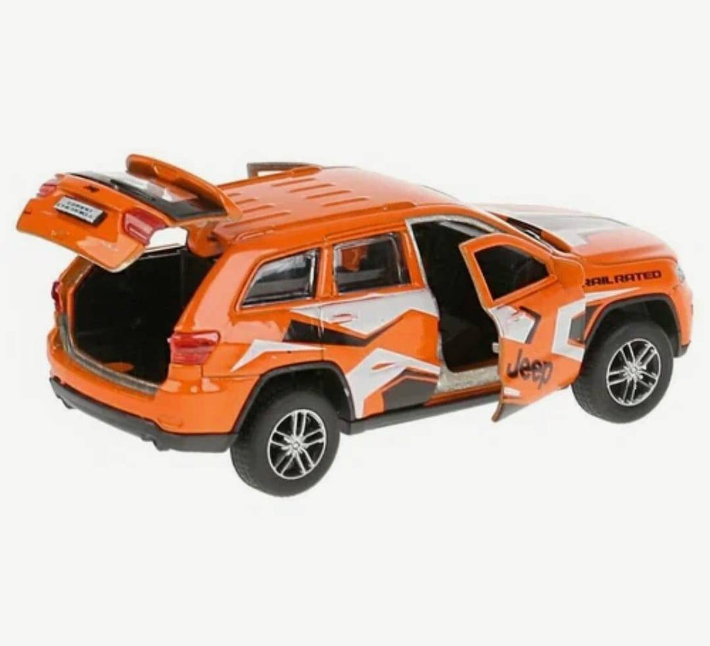 Masinuta metalica mecanica, Jeep Grand Cherokee Trailhawk, usi mobile, portbagaj mobil, portocaliu, 12 cm