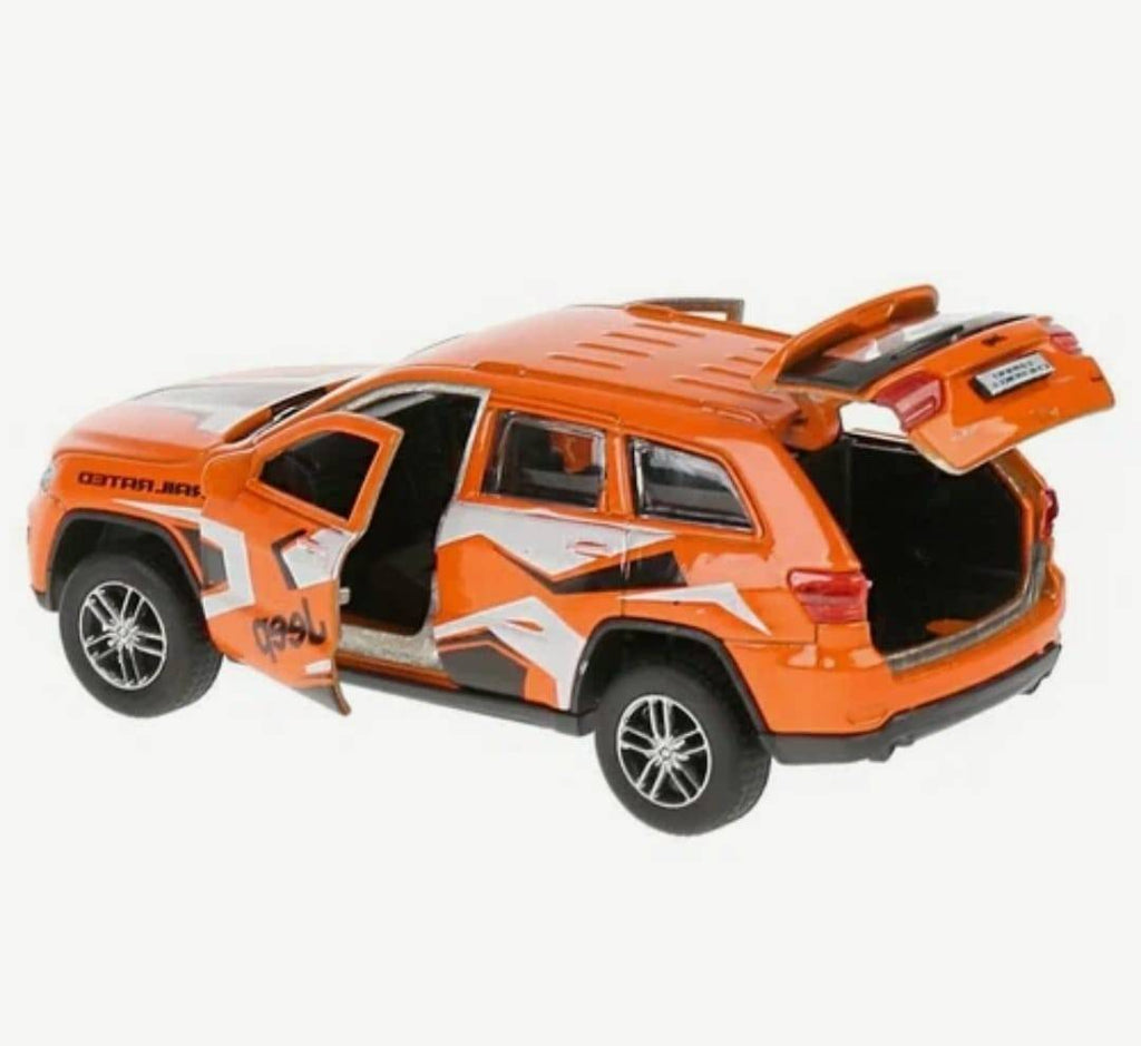 Masinuta metalica mecanica, Jeep Grand Cherokee Trailhawk, usi mobile, portbagaj mobil, portocaliu, 12 cm