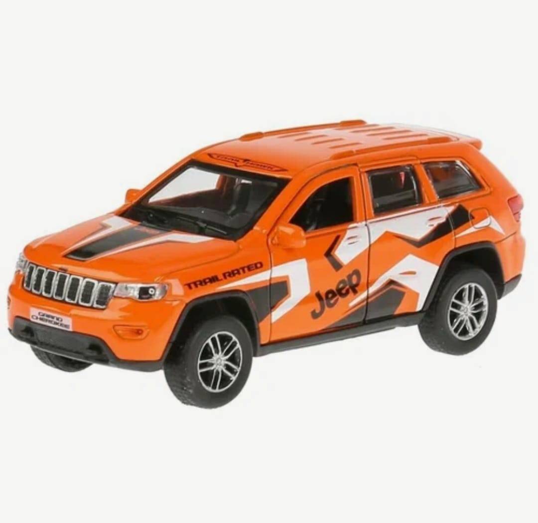 Masinuta metalica mecanica, Jeep Grand Cherokee Trailhawk, usi mobile, portbagaj mobil, portocaliu, 12 cm