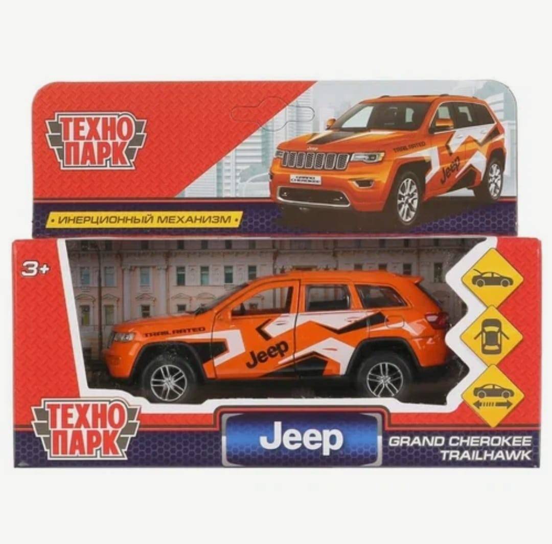 Masinuta metalica mecanica, Jeep Grand Cherokee Trailhawk, usi mobile, portbagaj mobil, portocaliu, 12 cm