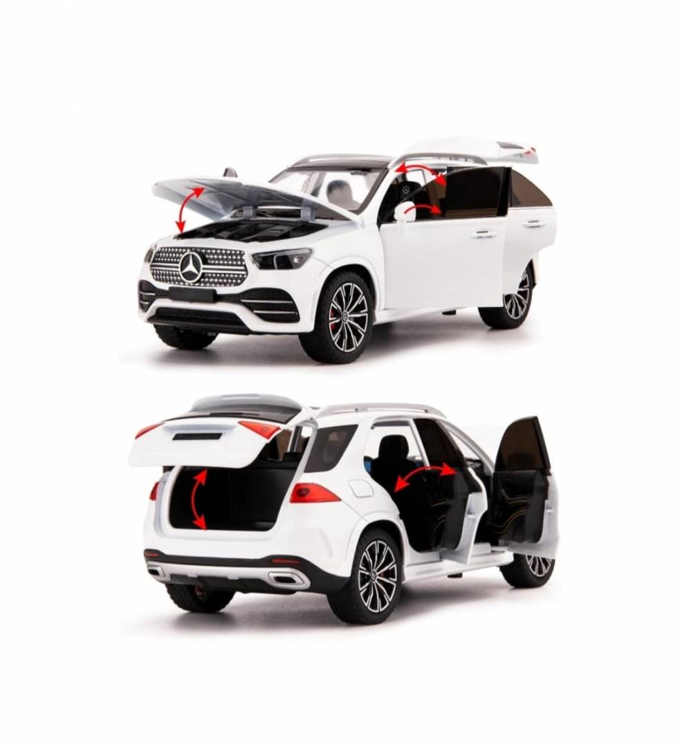 Masinuta metalica mecanica, Jeep Mercedes GLE 350, 1:24, usi mobile, capota mobila, portbagajul mobil, alb, 20 cm