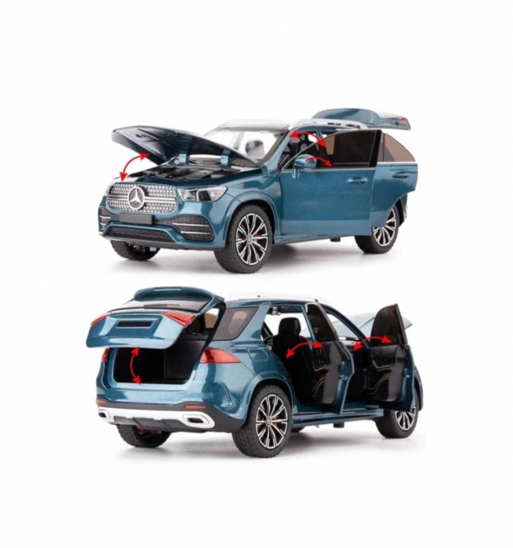 Masinuta metalica mecanica, Jeep Mercedes GLE 350, 1:24, usi mobile, capota mobila, portbagajul mobil, turcoaz, 20 cm
