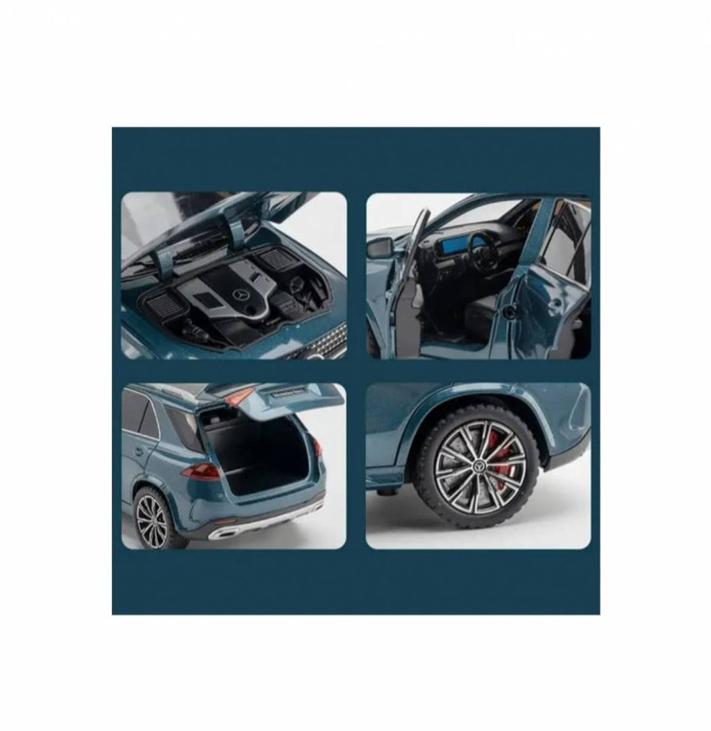 Masinuta metalica mecanica, Jeep Mercedes GLE 350, 1:24, usi mobile, capota mobila, portbagajul mobil, turcoaz, 20 cm