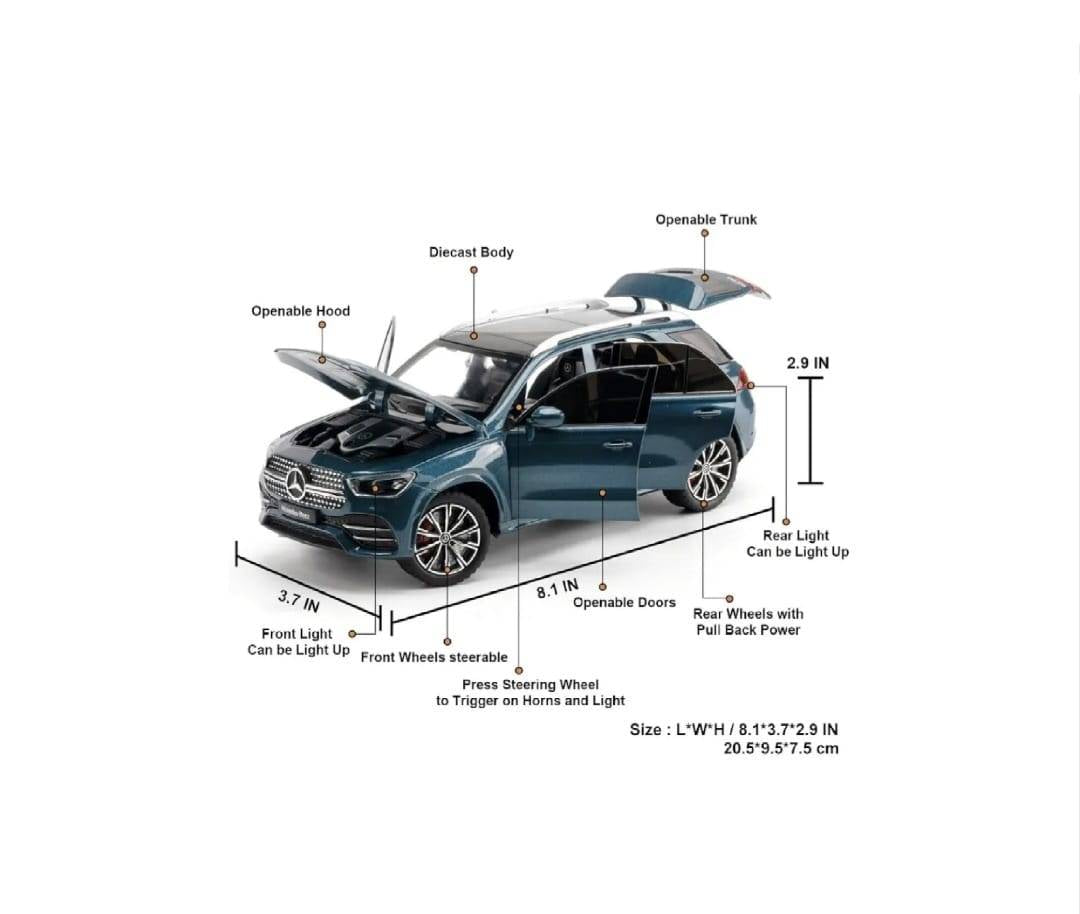 Masinuta metalica mecanica, Jeep Mercedes GLE 350, 1:24, usi mobile, capota mobila, portbagajul mobil, turcoaz, 20 cm
