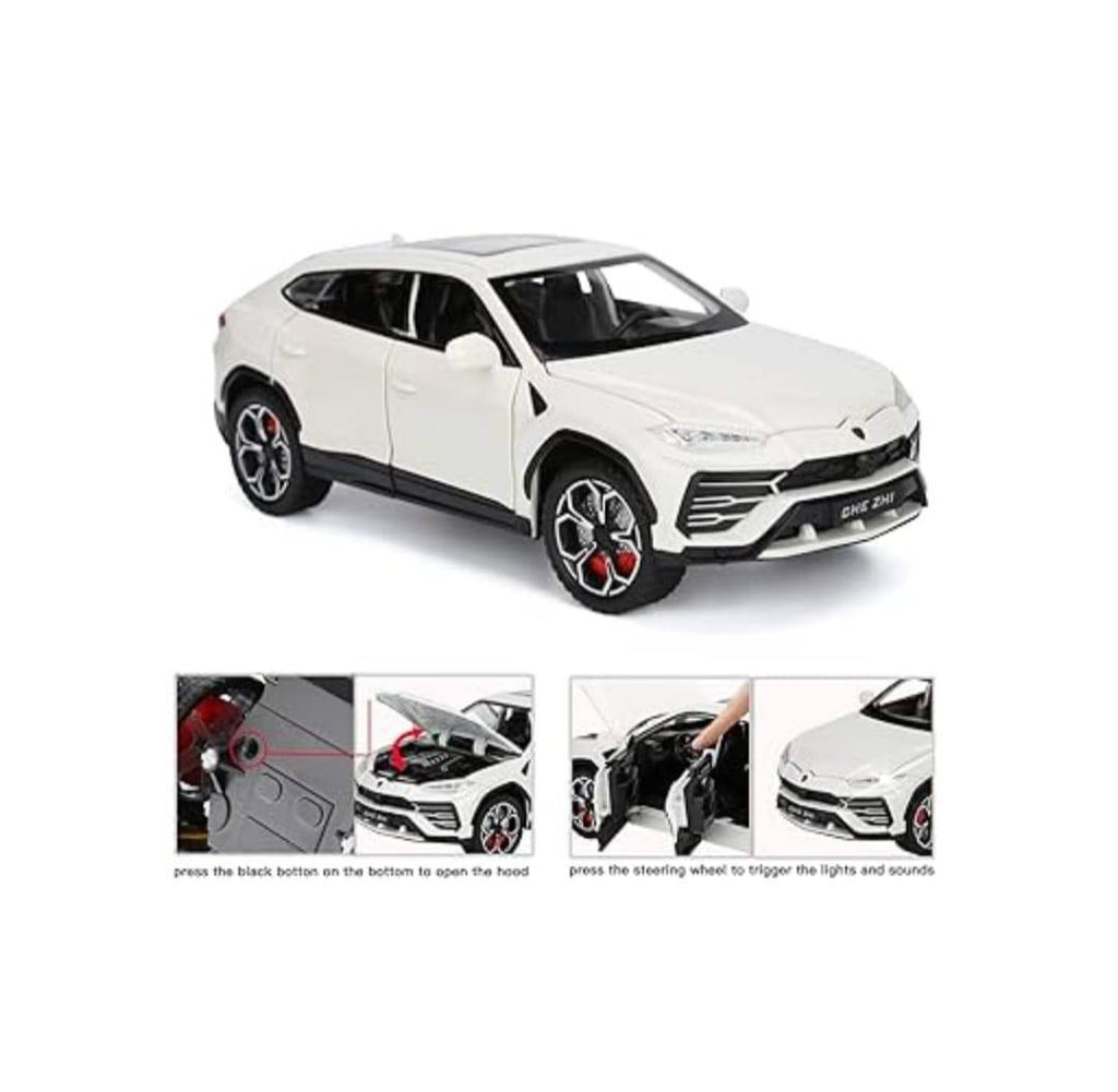 Masinuta metalica mecanica, Lamborghini Urus, efect fum, 1:24, usi mobile, capota mobila, portbagajul mobil, alb, 20 cm