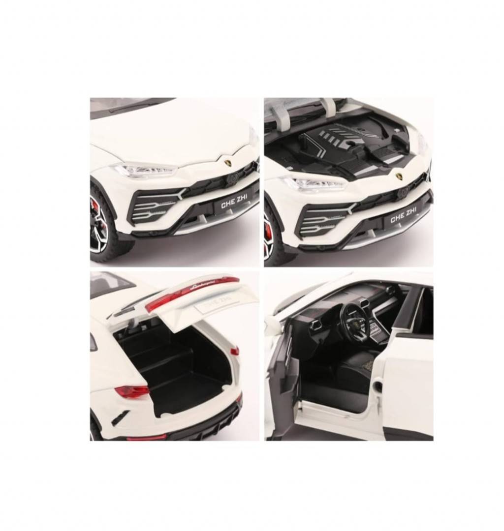 Masinuta metalica mecanica, Lamborghini Urus, efect fum, 1:24, usi mobile, capota mobila, portbagajul mobil, alb, 20 cm