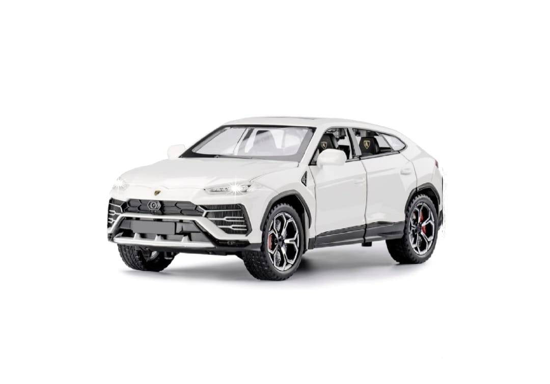 Masinuta metalica mecanica, Lamborghini Urus, efect fum, 1:24, usi mobile, capota mobila, portbagajul mobil, alb, 20 cm