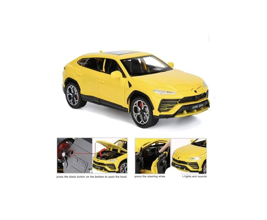 Masinuta metalica mecanica, Lamborghini Urus, efect fum, 1:24, usi mobile, capota mobila, portbagajul mobil, galben, 20 cm