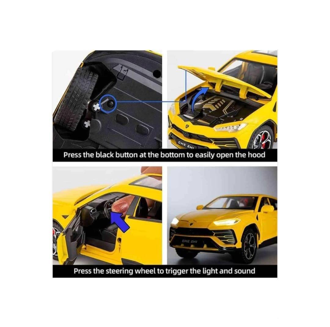 Masinuta metalica mecanica, Lamborghini Urus, efect fum, 1:24, usi mobile, capota mobila, portbagajul mobil, galben, 20 cm