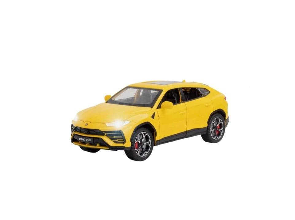 Masinuta metalica mecanica, Lamborghini Urus, efect fum, 1:24, usi mobile, capota mobila, portbagajul mobil, galben, 20 cm