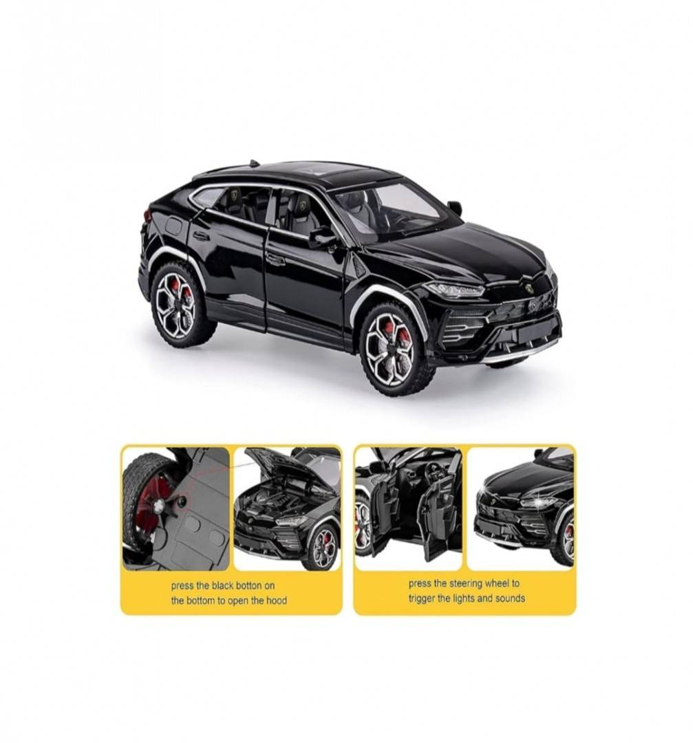 Masinuta metalica mecanica, Lamborghini Urus, efect fum, 1:24, usi mobile, capota mobila, portbagajul mobil, negru, 20 cm