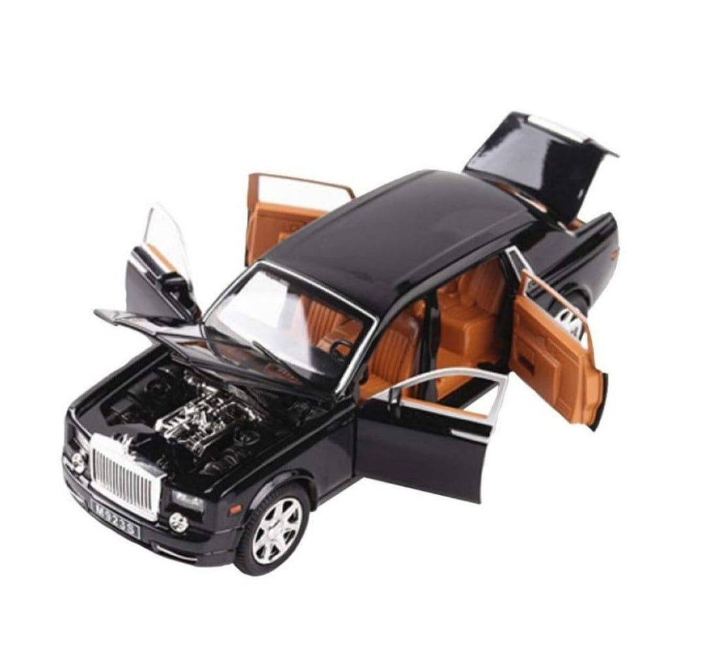 Masinuta metalica mecanica, Rolls Royce Phantom, usi mobile, capota mobila, portbagajul mobil, negru, 20 cm