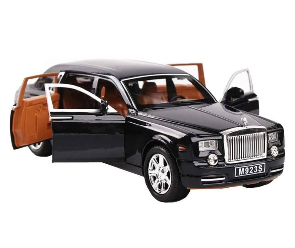 Masinuta metalica mecanica, Rolls Royce Phantom, usi mobile, capota mobila, portbagajul mobil, negru, 20 cm
