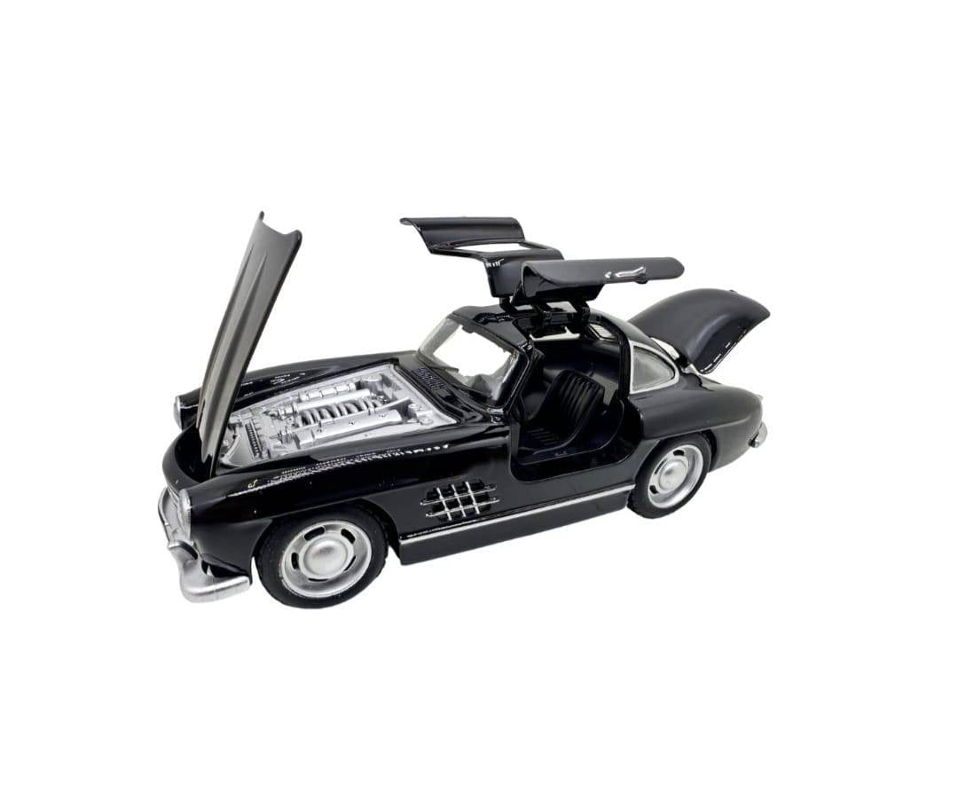 Masinuta metal, Mercedes-Benz 300SL Gullwing, 2 usi mobile, capota mobila, portbagaj mobil, negru, 15 cm