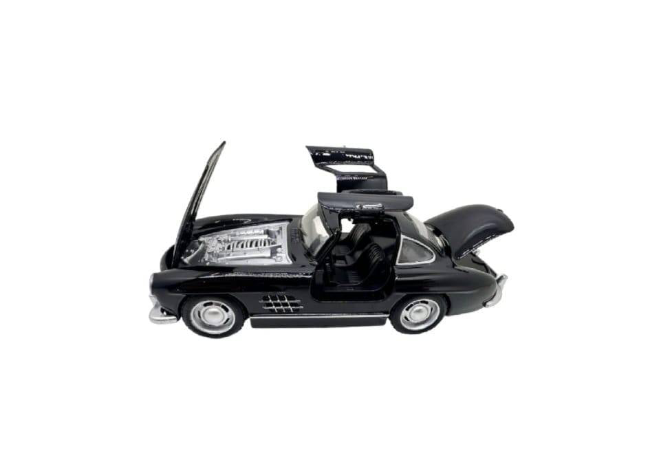 Masinuta metal, Mercedes-Benz 300SL Gullwing, 2 usi mobile, capota mobila, portbagaj mobil, negru, 15 cm