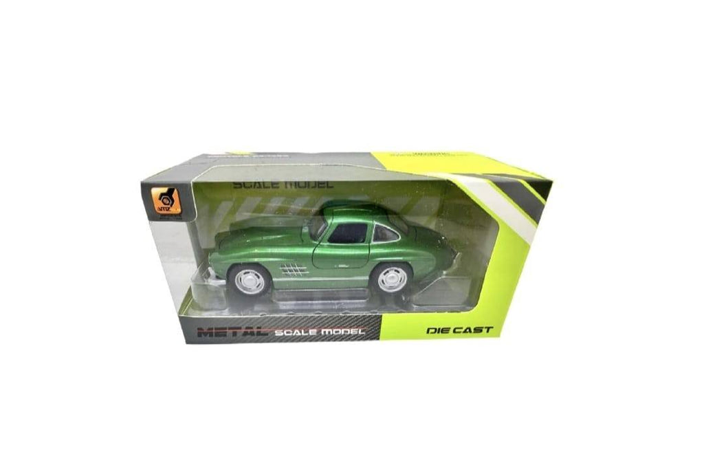 Masinuta metal, Mercedes-Benz 300SL Gullwing, 2 usi mobile, capota mobila, portbagaj mobil, verde, 15 cm