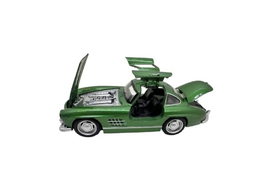 Masinuta metal, Mercedes-Benz 300SL Gullwing, 2 usi mobile, capota mobila, portbagaj mobil, verde, 15 cm