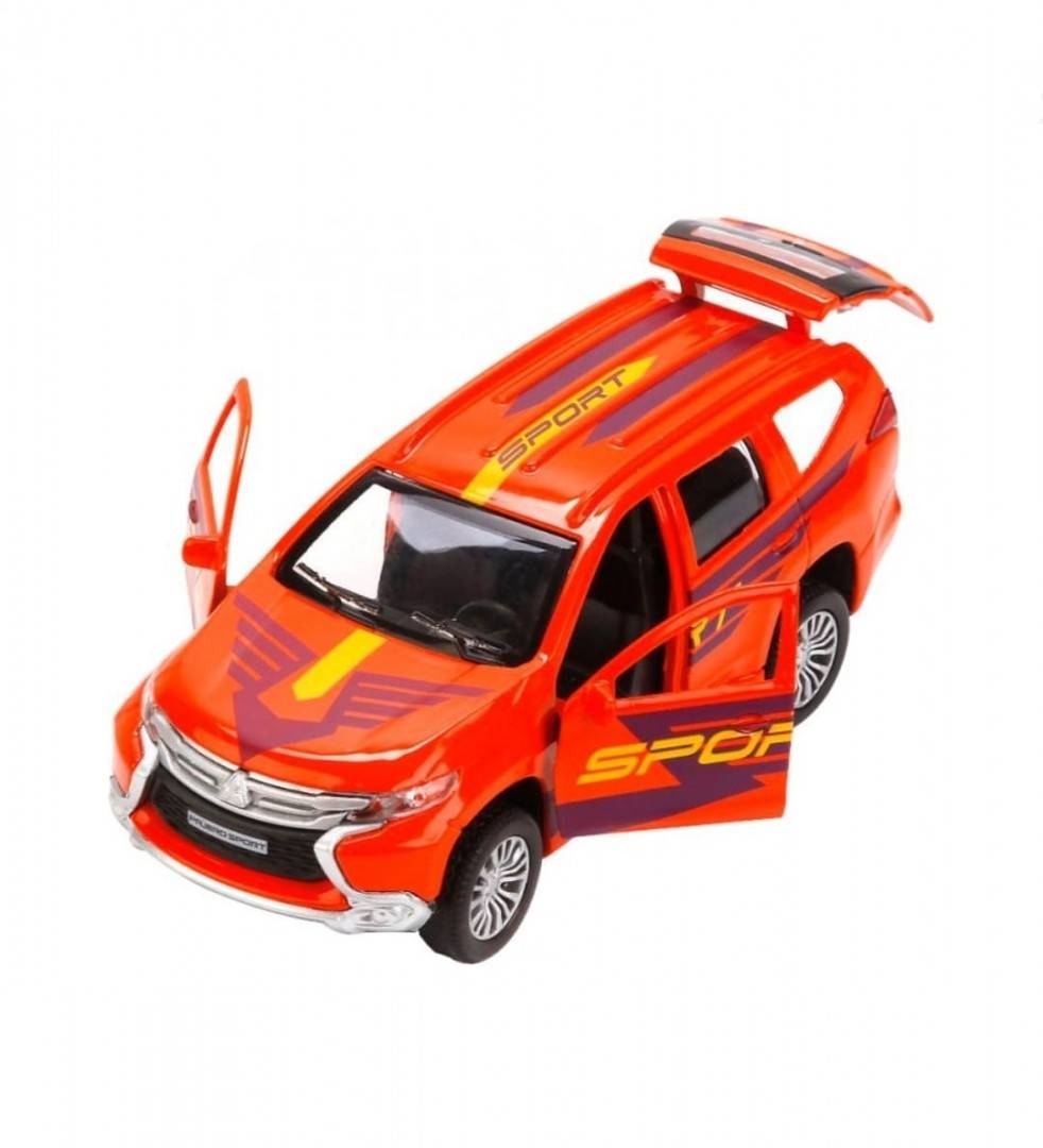 Masinuta metalica mecanica, Mitsubishi Pajero Sport, usi mobile, portbagaj mobil, portocaliu, 12 cm