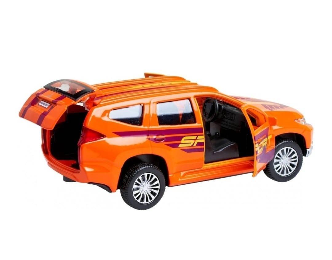 Masinuta metalica mecanica, Mitsubishi Pajero Sport, usi mobile, portbagaj mobil, portocaliu, 12 cm