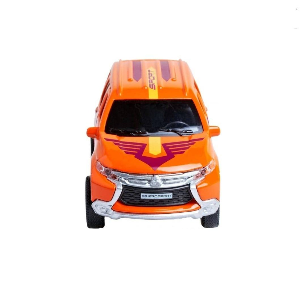 Masinuta metalica mecanica, Mitsubishi Pajero Sport, usi mobile, portbagaj mobil, portocaliu, 12 cm