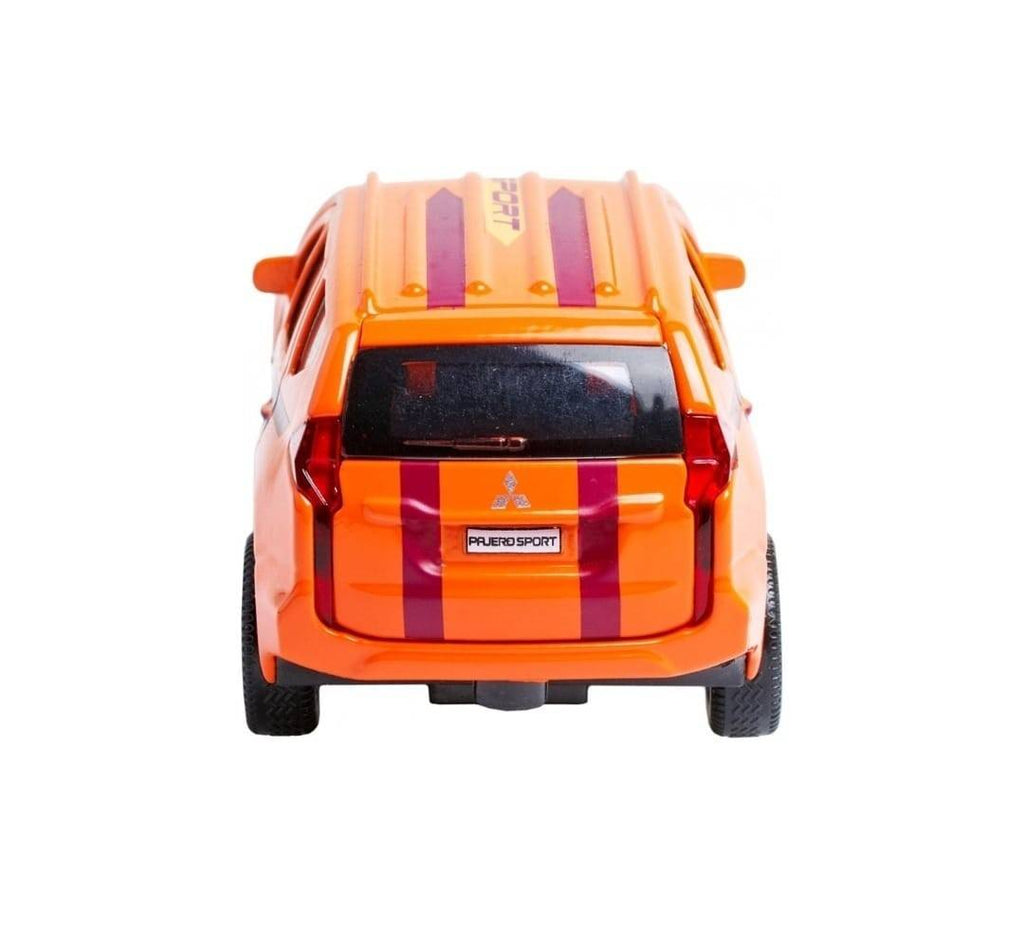 Masinuta metalica mecanica, Mitsubishi Pajero Sport, usi mobile, portbagaj mobil, portocaliu, 12 cm