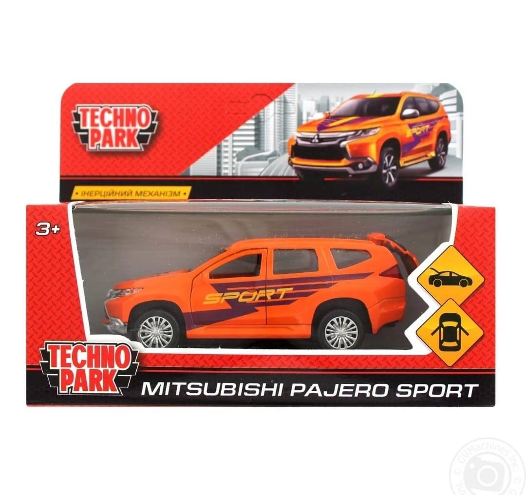 Masinuta metalica mecanica, Mitsubishi Pajero Sport, usi mobile, portbagaj mobil, portocaliu, 12 cm