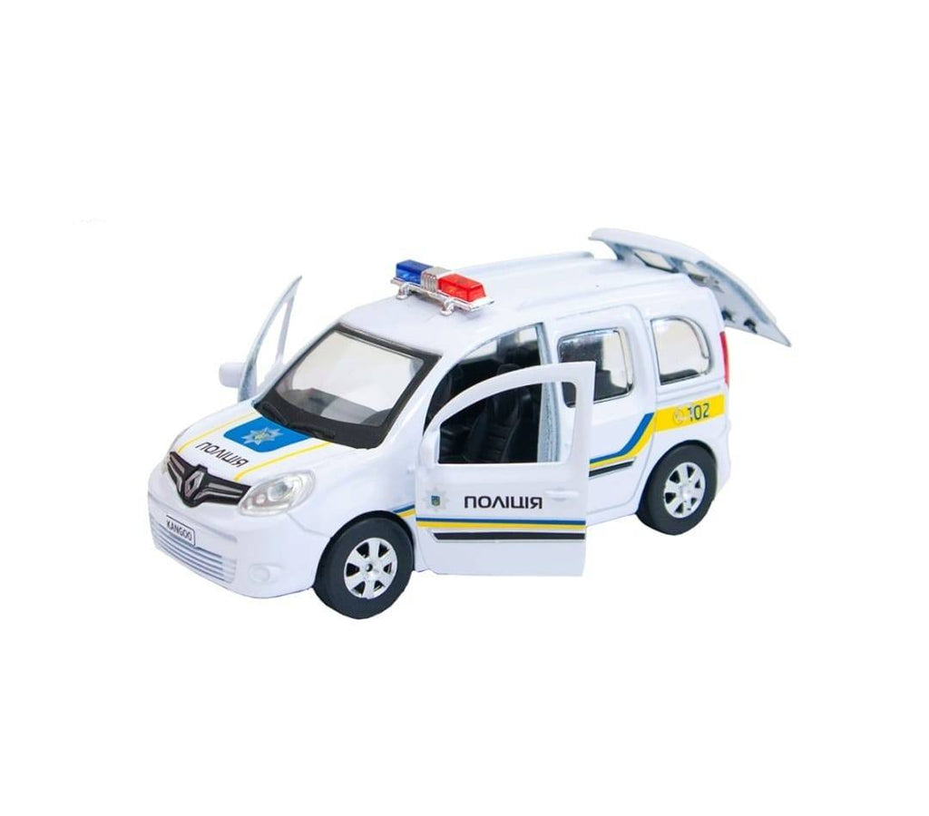 Masinuta metalica mecanica Renault Kangoo Politie, usi mobile, portbagaj mobil, alb, 12 cm