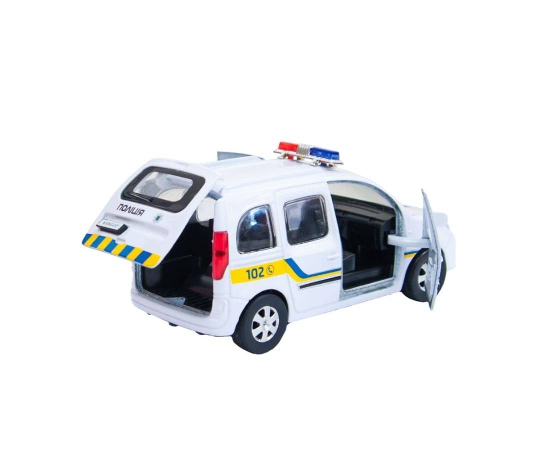 Masinuta metalica mecanica Renault Kangoo Politie, usi mobile, portbagaj mobil, alb, 12 cm