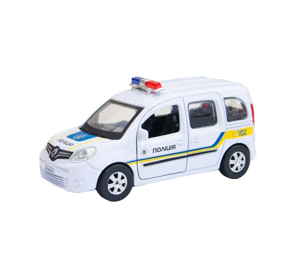 Masinuta metalica mecanica Renault Kangoo Politie, usi mobile, portbagaj mobil, alb, 12 cm
