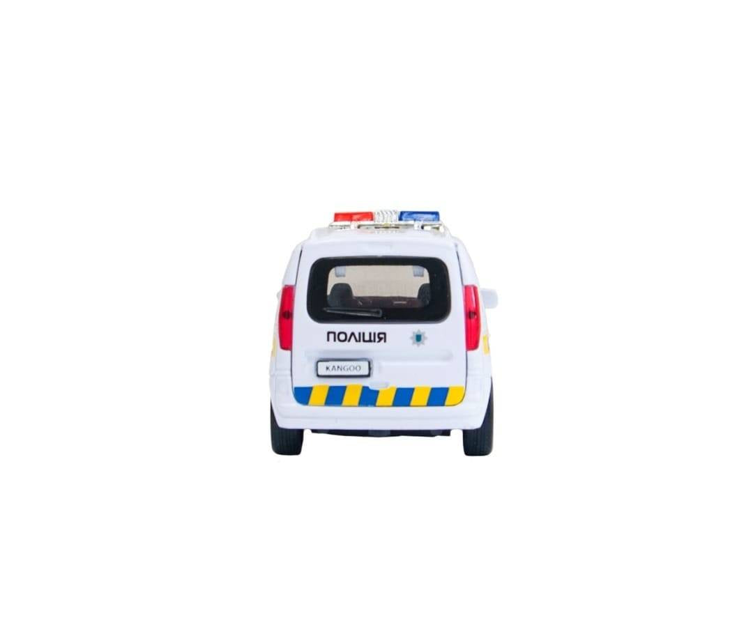 Masinuta metalica mecanica Renault Kangoo Politie, usi mobile, portbagaj mobil, alb, 12 cm