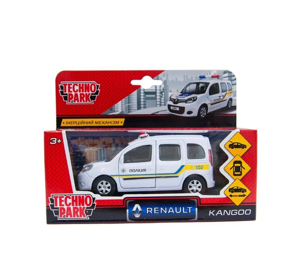 Masinuta metalica mecanica Renault Kangoo Politie, usi mobile, portbagaj mobil, alb, 12 cm