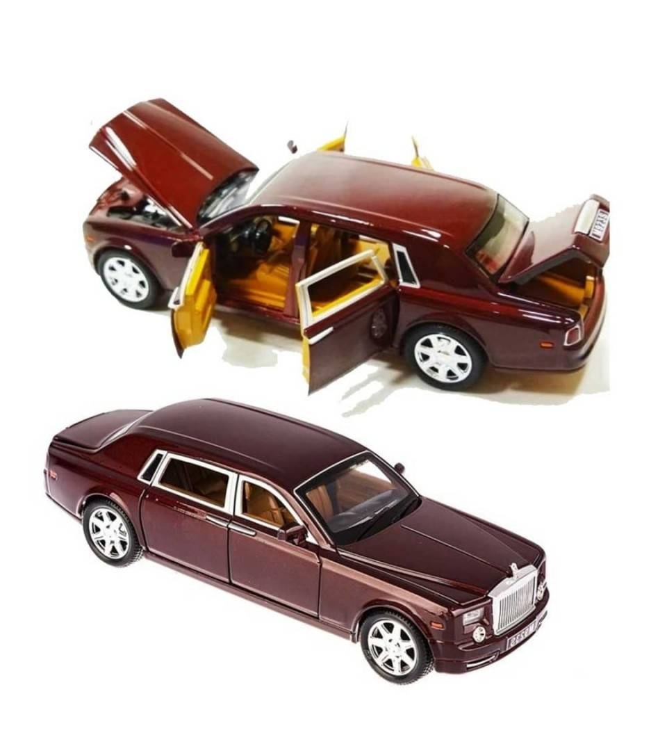 Masinuta metalica mecanica, Rolls Royce Phantom, lumini si sunete, usi mobile, capota mobila, portbagajul mobil, maro, 20 cm