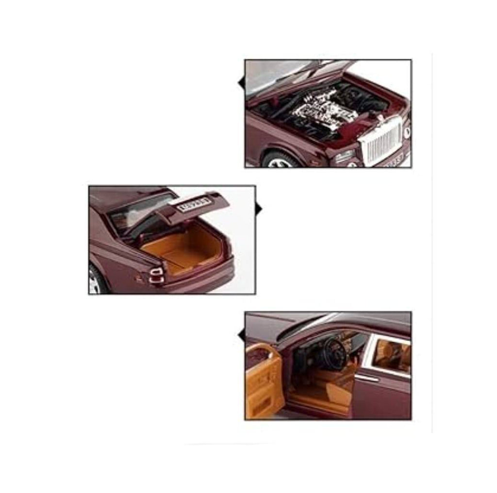Masinuta metalica mecanica, Rolls Royce Phantom, lumini si sunete, usi mobile, capota mobila, portbagajul mobil, maro, 20 cm