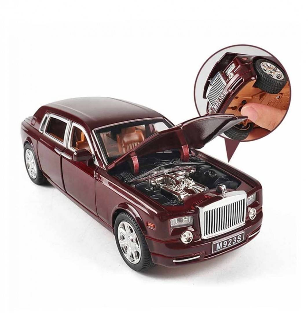 Masinuta metalica mecanica, Rolls Royce Phantom, lumini si sunete, usi mobile, capota mobila, portbagajul mobil, maro, 20 cm